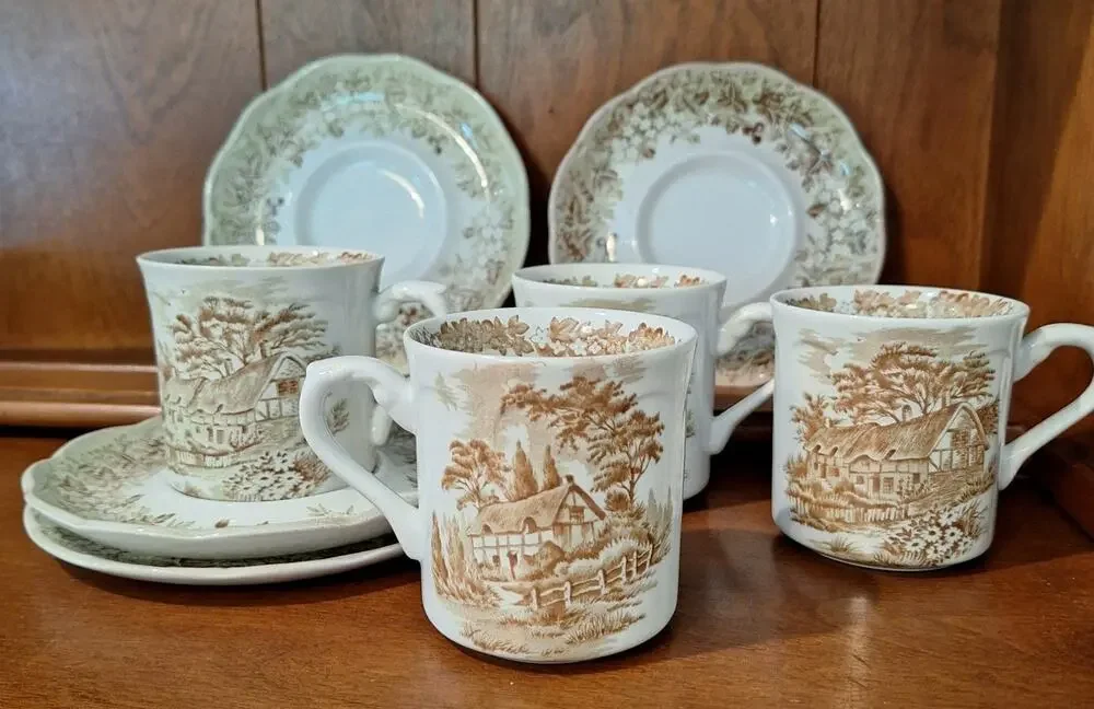 J&G Meakin Romantic England Cup Saucer 4 Sets Green Brown Anne Hathaway Cottage